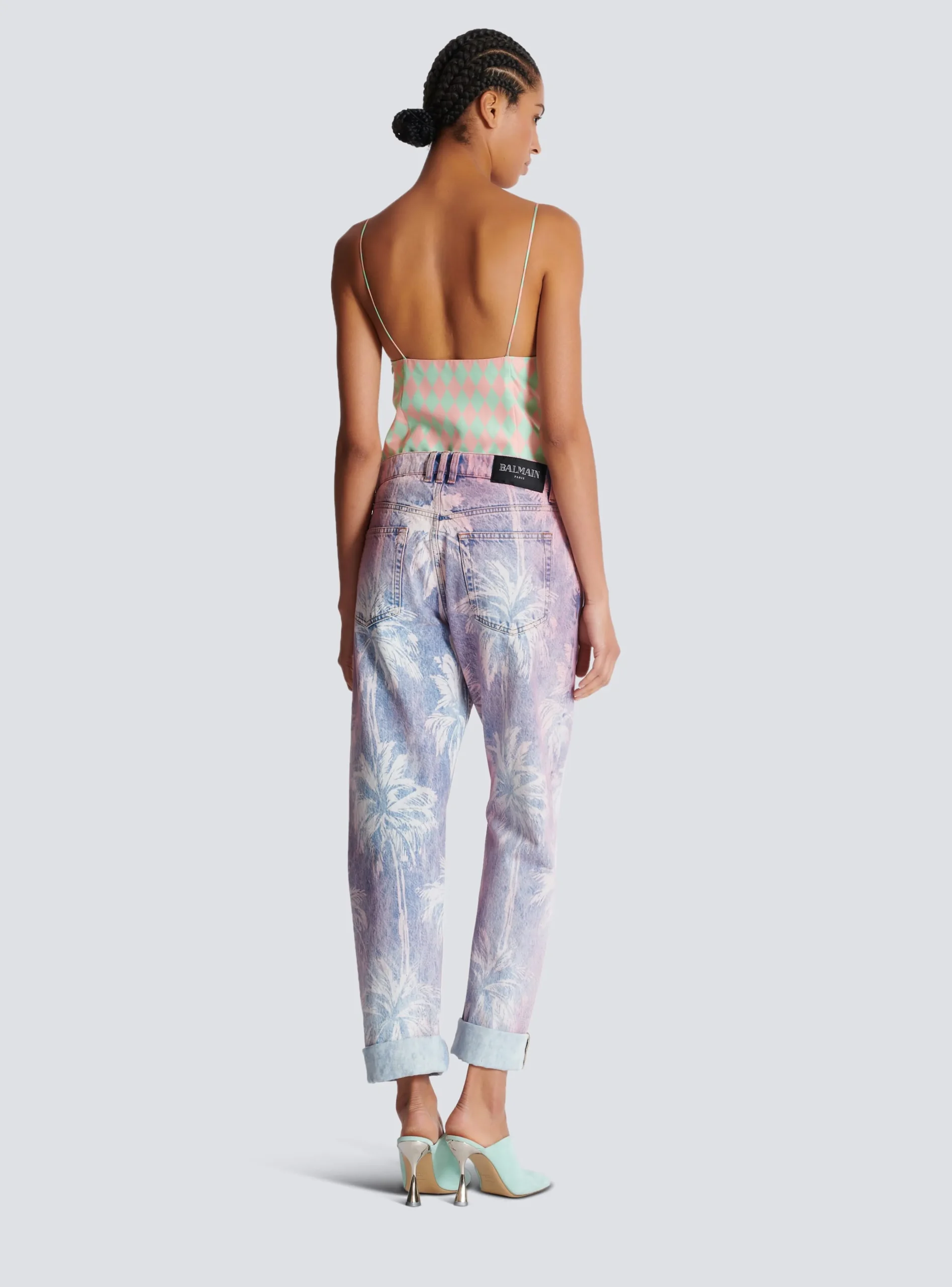 Women Balmain Palm Tree Denim Boyfriend Jeans