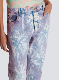 Women Balmain Palm Tree Denim Boyfriend Jeans