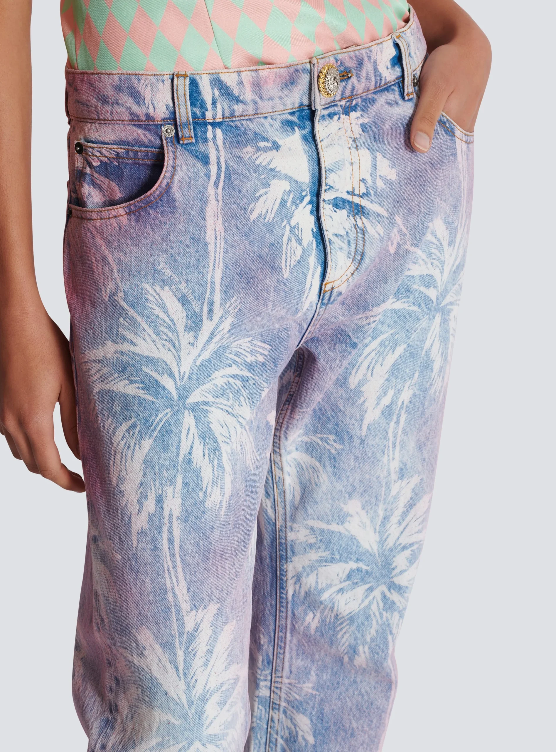Women Balmain Palm Tree Denim Boyfriend Jeans