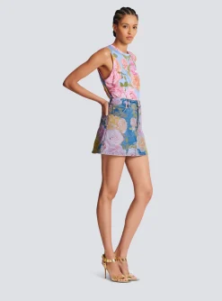 Women Balmain Pastel Roses Printed Denim Skirt