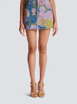 Women Balmain Pastel Roses Printed Denim Skirt
