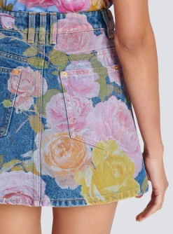 Women Balmain Pastel Roses Printed Denim Skirt