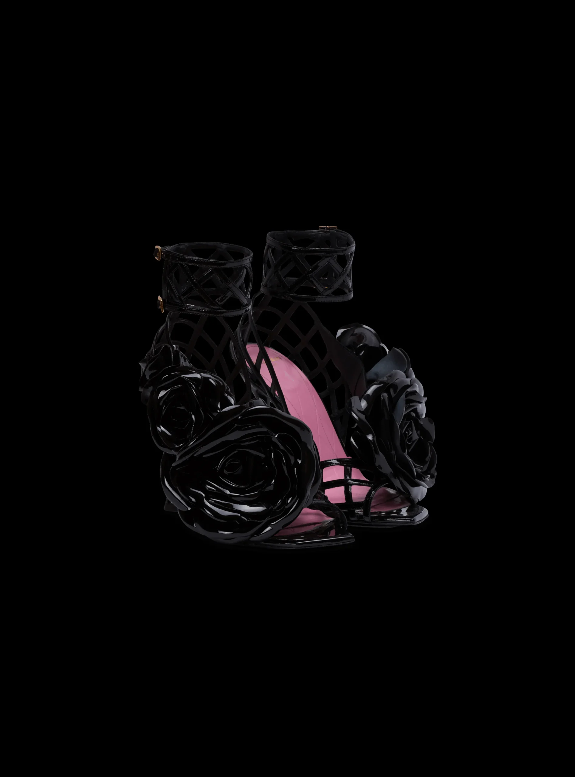 Women Balmain Patent Leather Eden Sandals With Openwork Grid And Flowers
