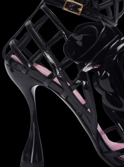 Women Balmain Patent Leather Eden Sandals With Openwork Grid And Flowers