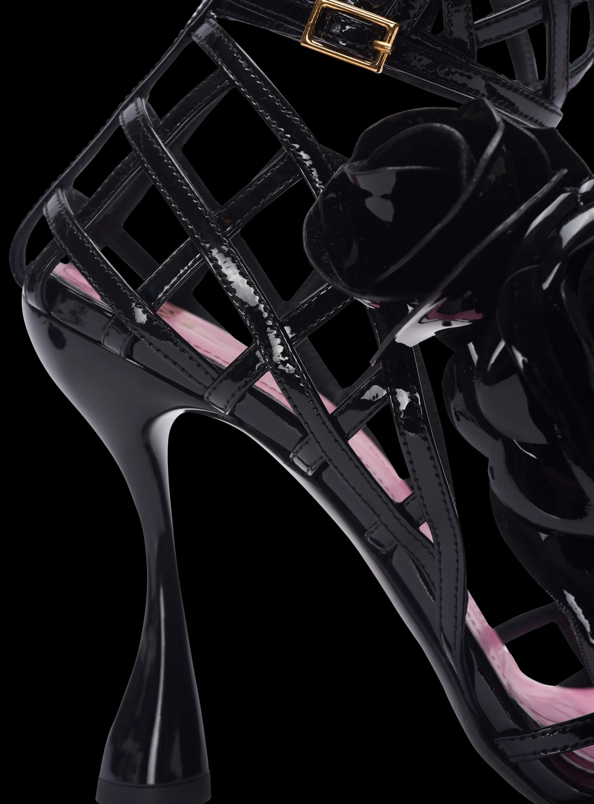 Women Balmain Patent Leather Eden Sandals With Openwork Grid And Flowers