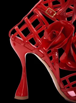 Women Balmain Patent Leather Eden Sandals With Openwork Grid And Flowers
