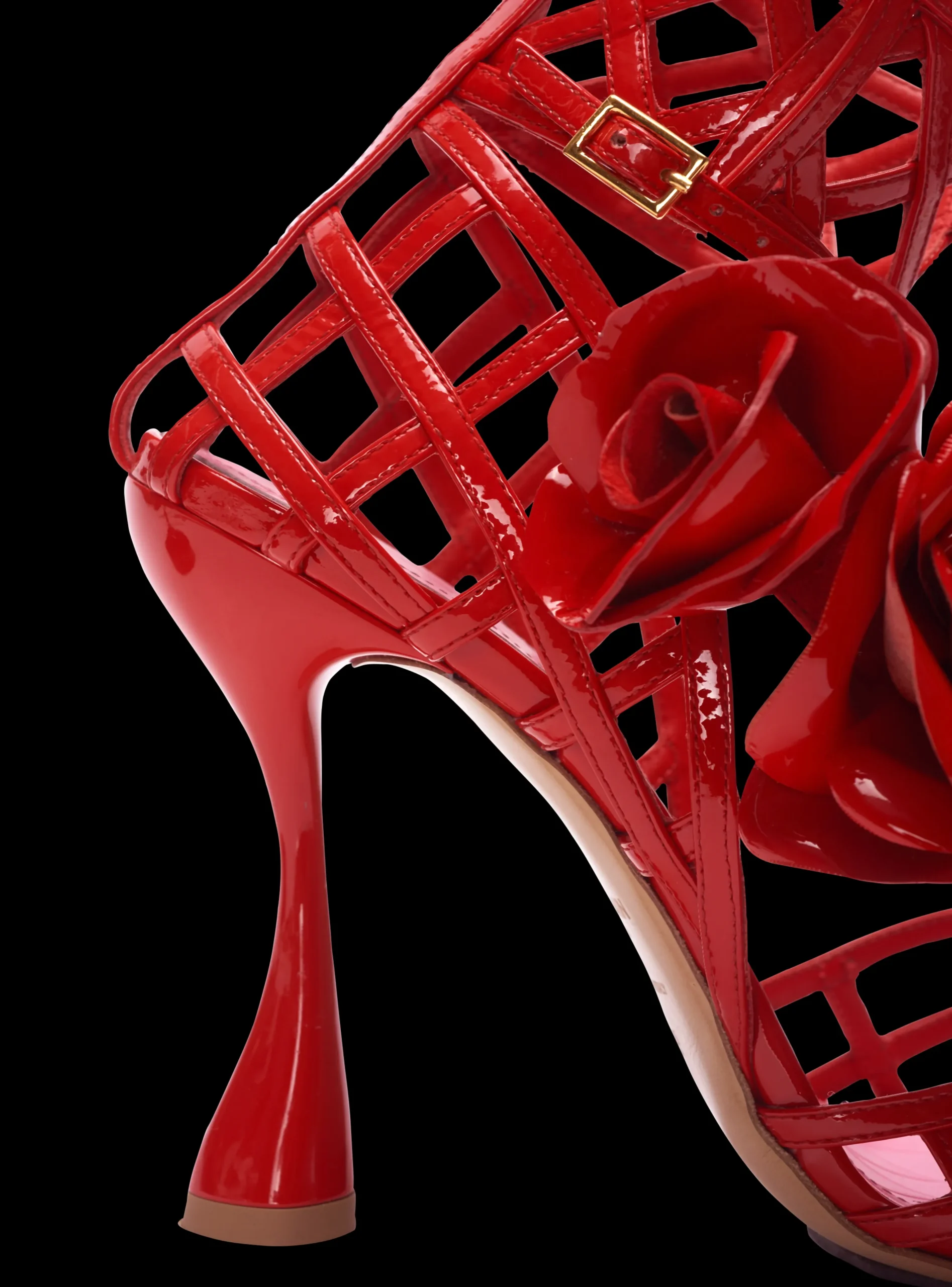 Women Balmain Patent Leather Eden Sandals With Openwork Grid And Flowers