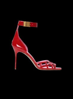 Women Balmain Patent Leather Uma Sandals With Openwork Grid