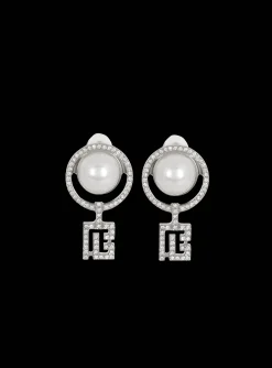 Women Balmain Pearl Earrings With Art Deco Rhinestones