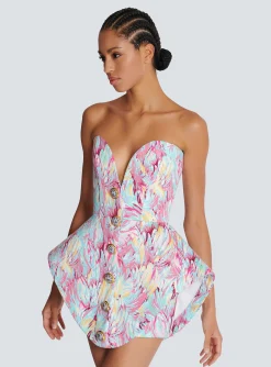 Women Balmain Peplum Bustier Dress With Feather Print