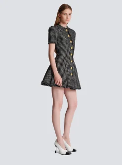 Women Balmain Pleated Flared Dress In Gingham Tweed