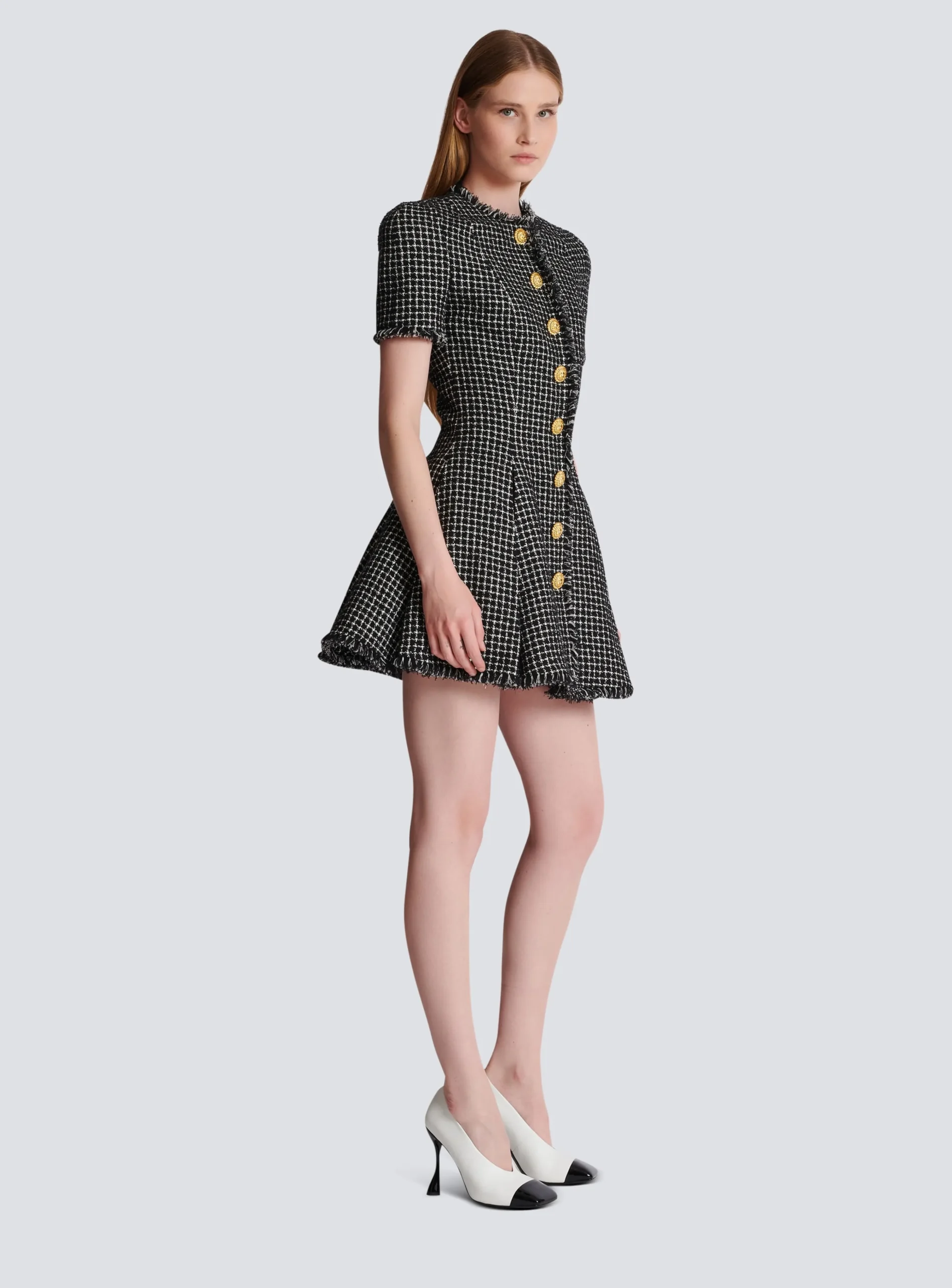 Women Balmain Pleated Flared Dress In Gingham Tweed