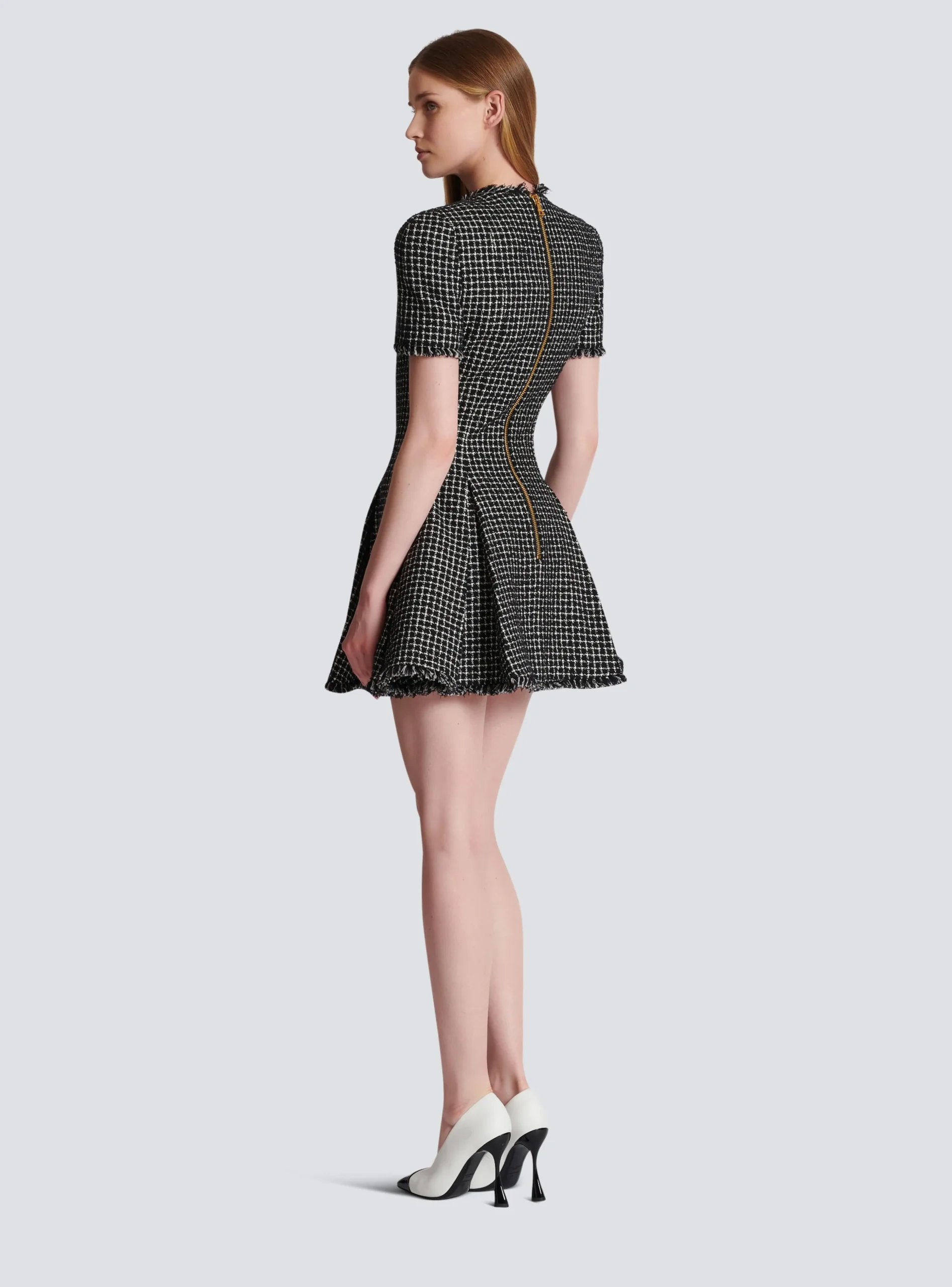 Women Balmain Pleated Flared Dress In Gingham Tweed