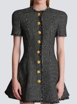 Women Balmain Pleated Flared Dress In Gingham Tweed
