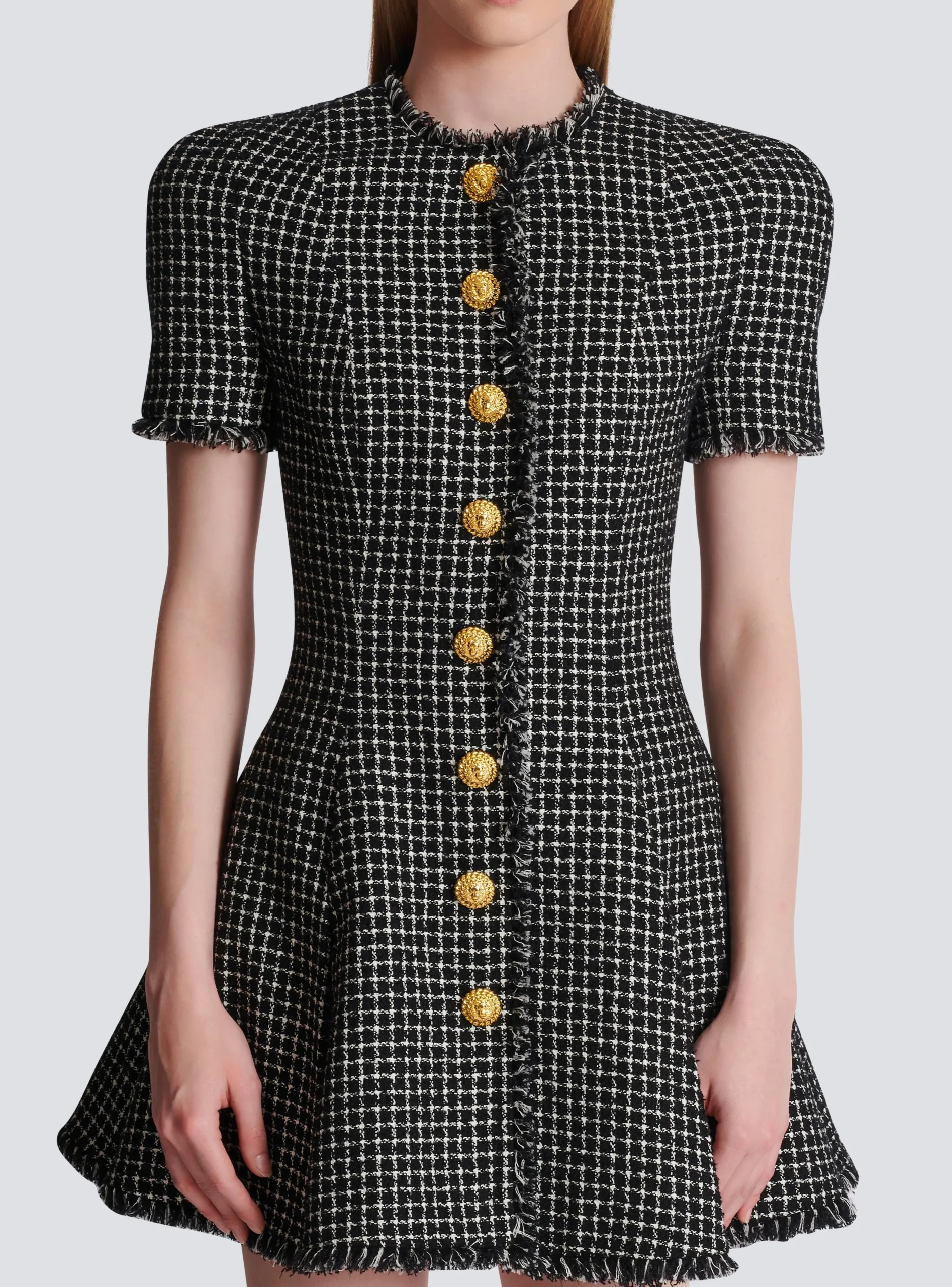 Women Balmain Pleated Flared Dress In Gingham Tweed