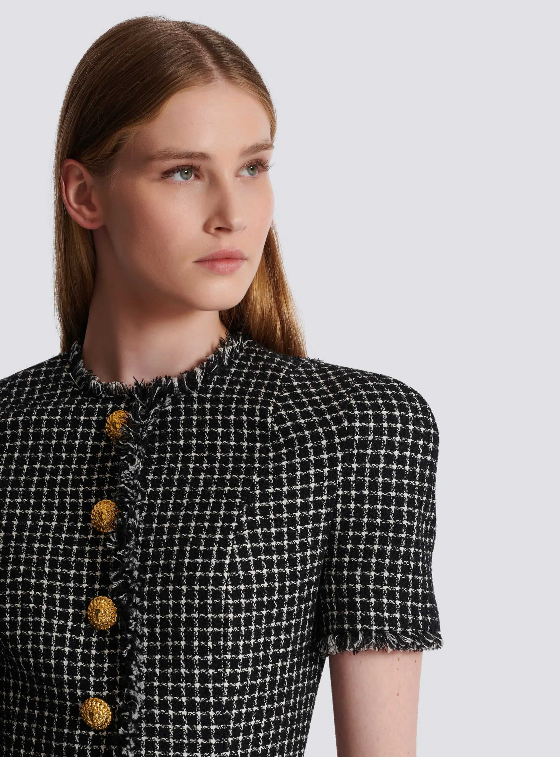 Women Balmain Pleated Flared Dress In Gingham Tweed