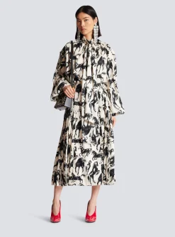 Women Balmain Pleated Midi Skirt In Printed Silk