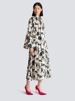 Women Balmain Pleated Midi Skirt In Printed Silk