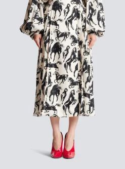 Women Balmain Pleated Midi Skirt In Printed Silk