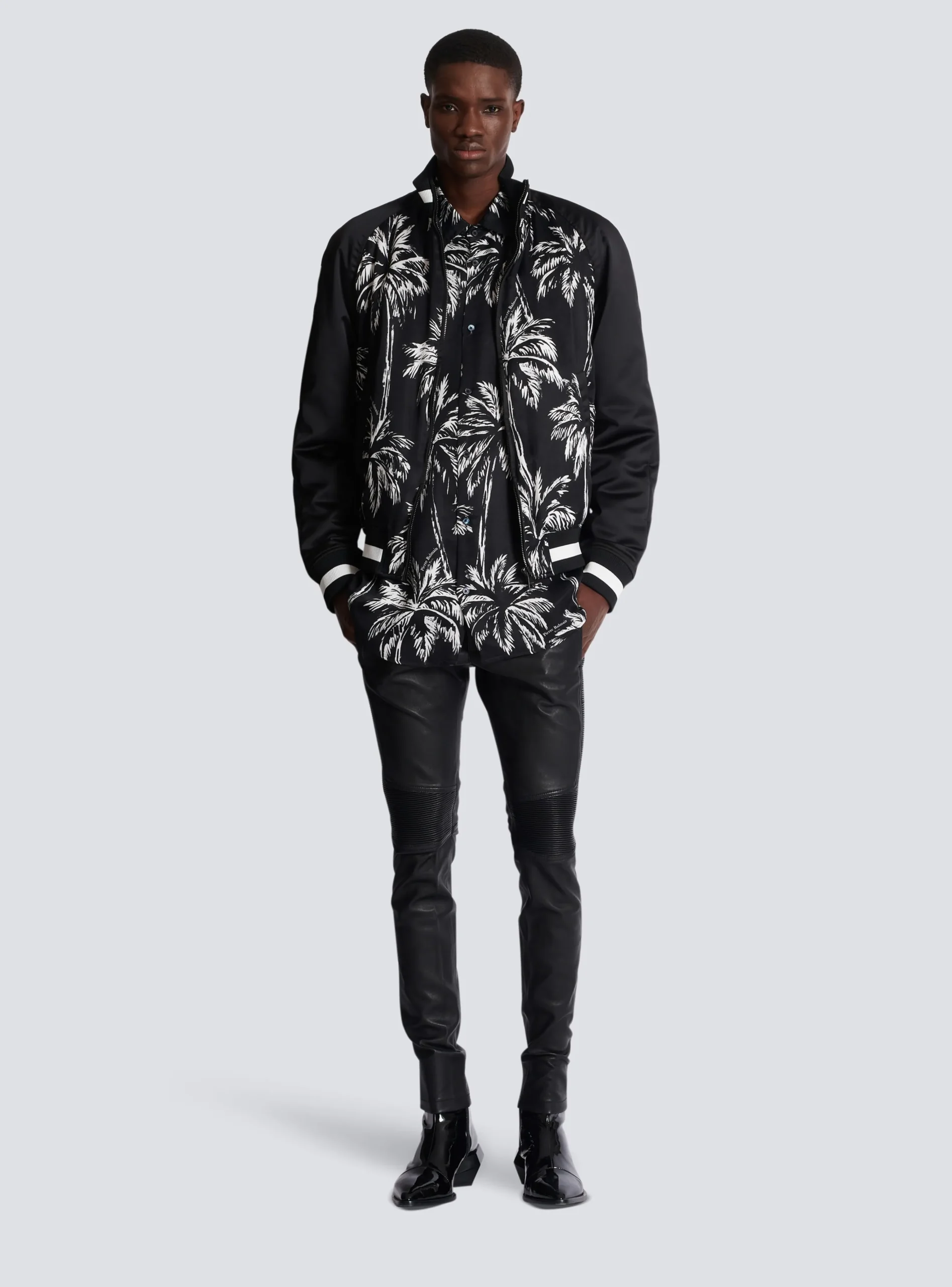 Balmain Printed Satin Palm Tree Bomber Jacket