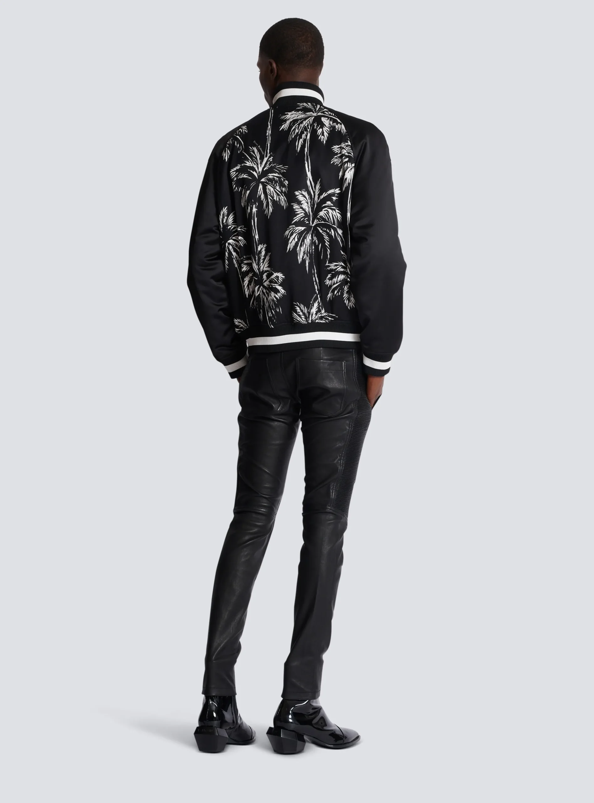 Balmain Printed Satin Palm Tree Bomber Jacket