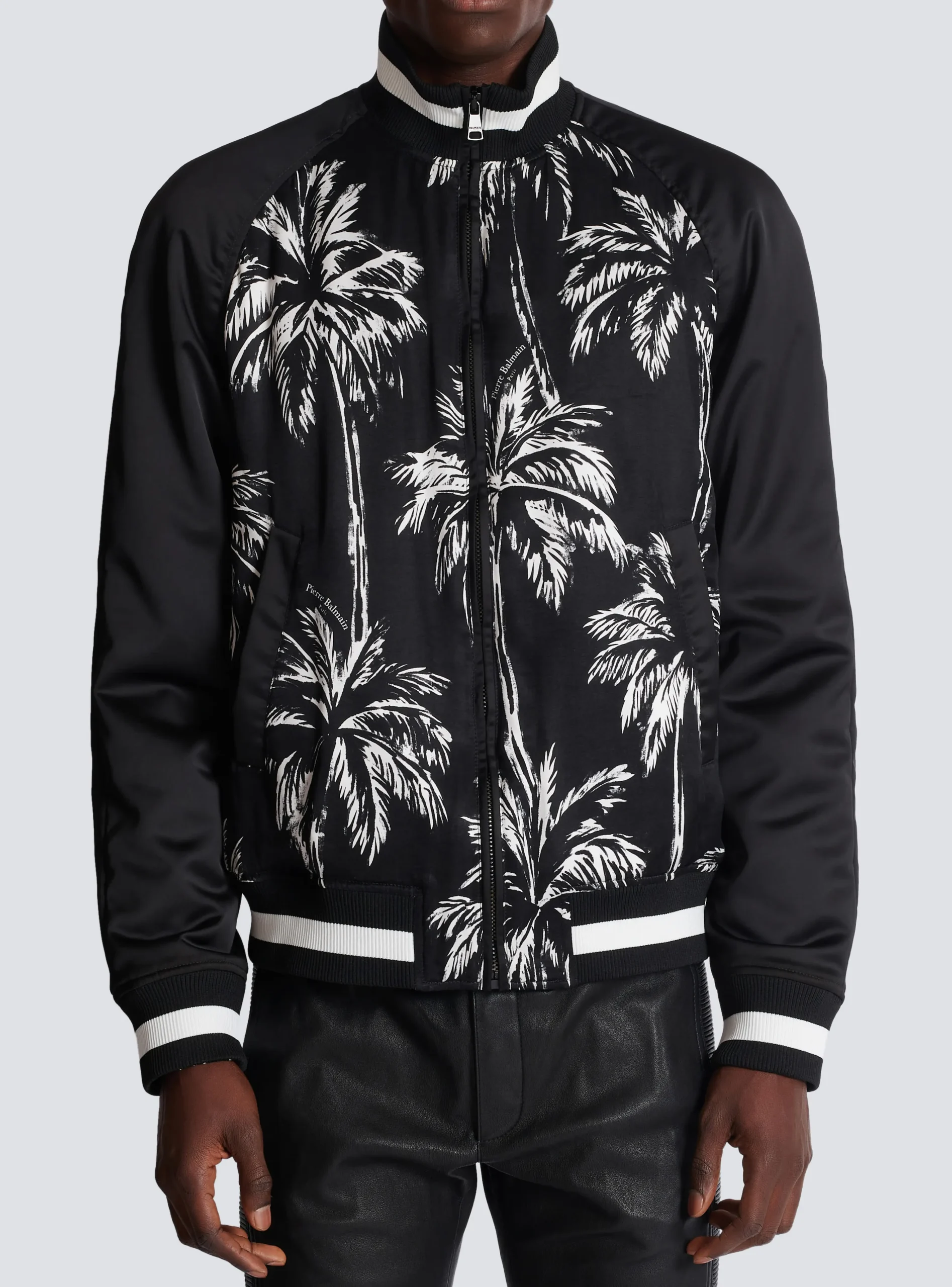 Balmain Printed Satin Palm Tree Bomber Jacket