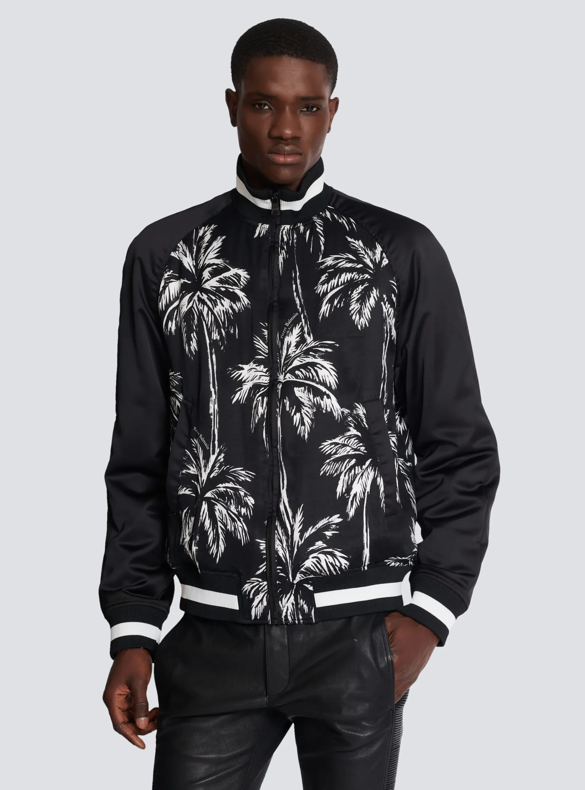 Balmain Printed Satin Palm Tree Bomber Jacket