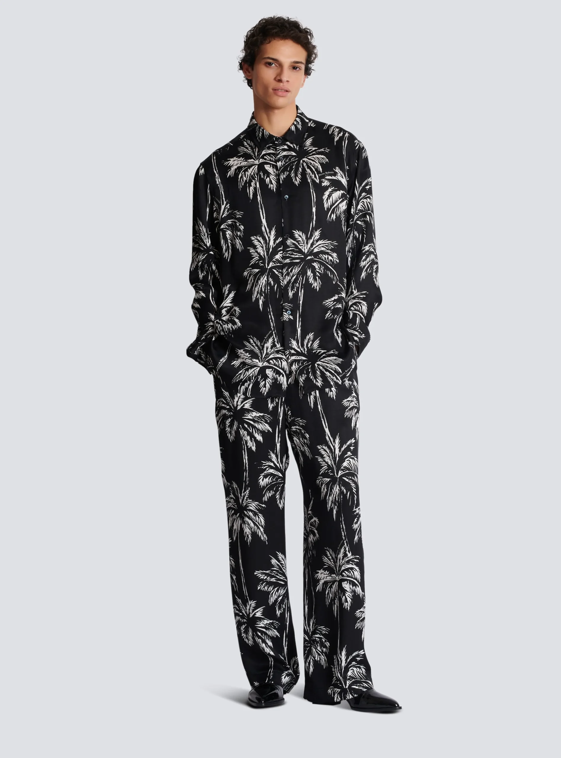 Balmain Printed Satin Palm Tree Shirt
