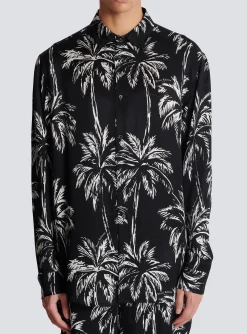 Balmain Printed Satin Palm Tree Shirt