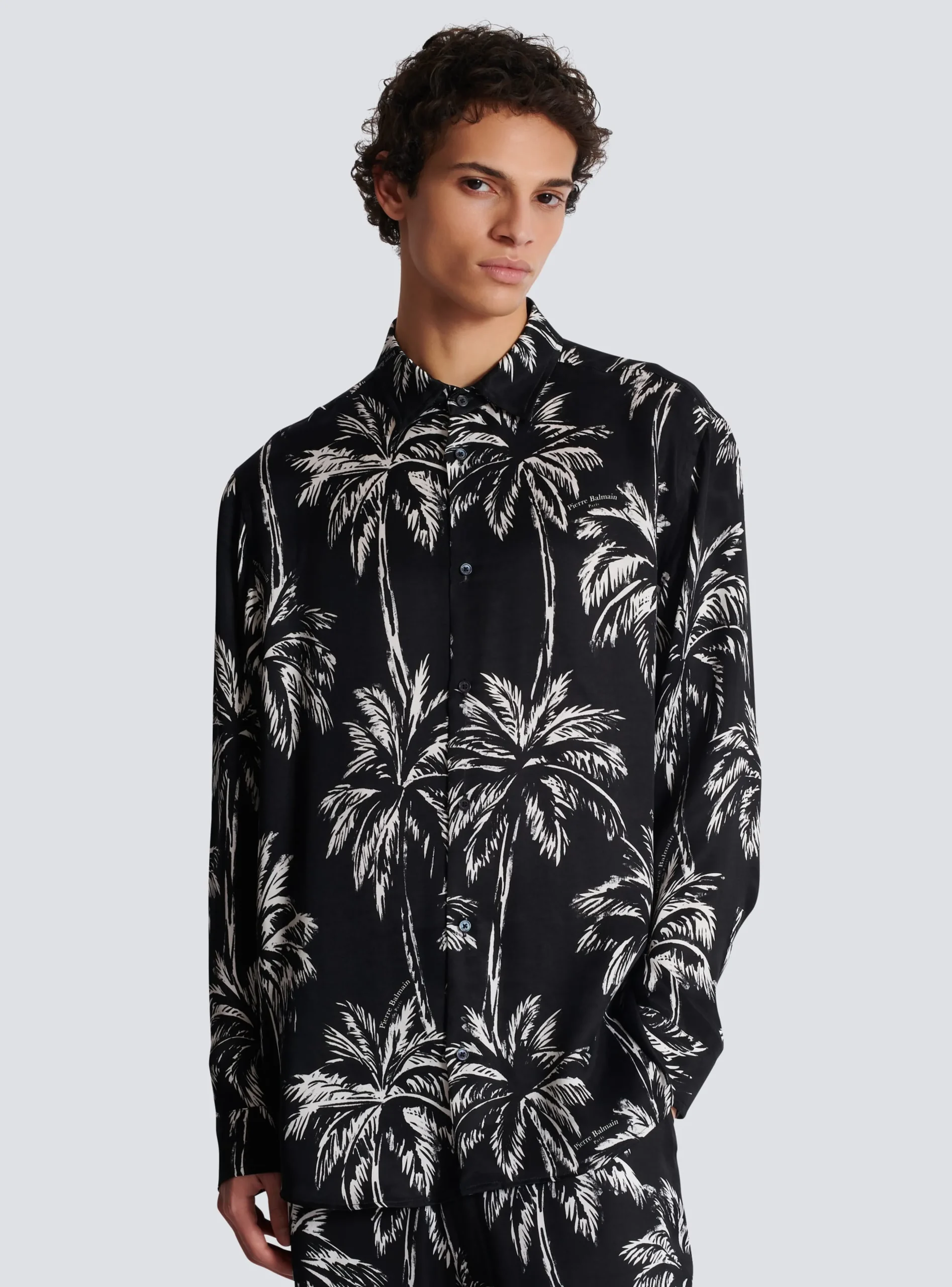Balmain Printed Satin Palm Tree Shirt