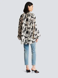 Women Balmain Printed Silk Shirt With Tie Neck