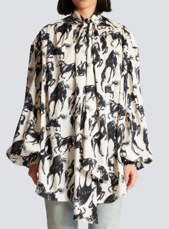 Women Balmain Printed Silk Shirt With Tie Neck
