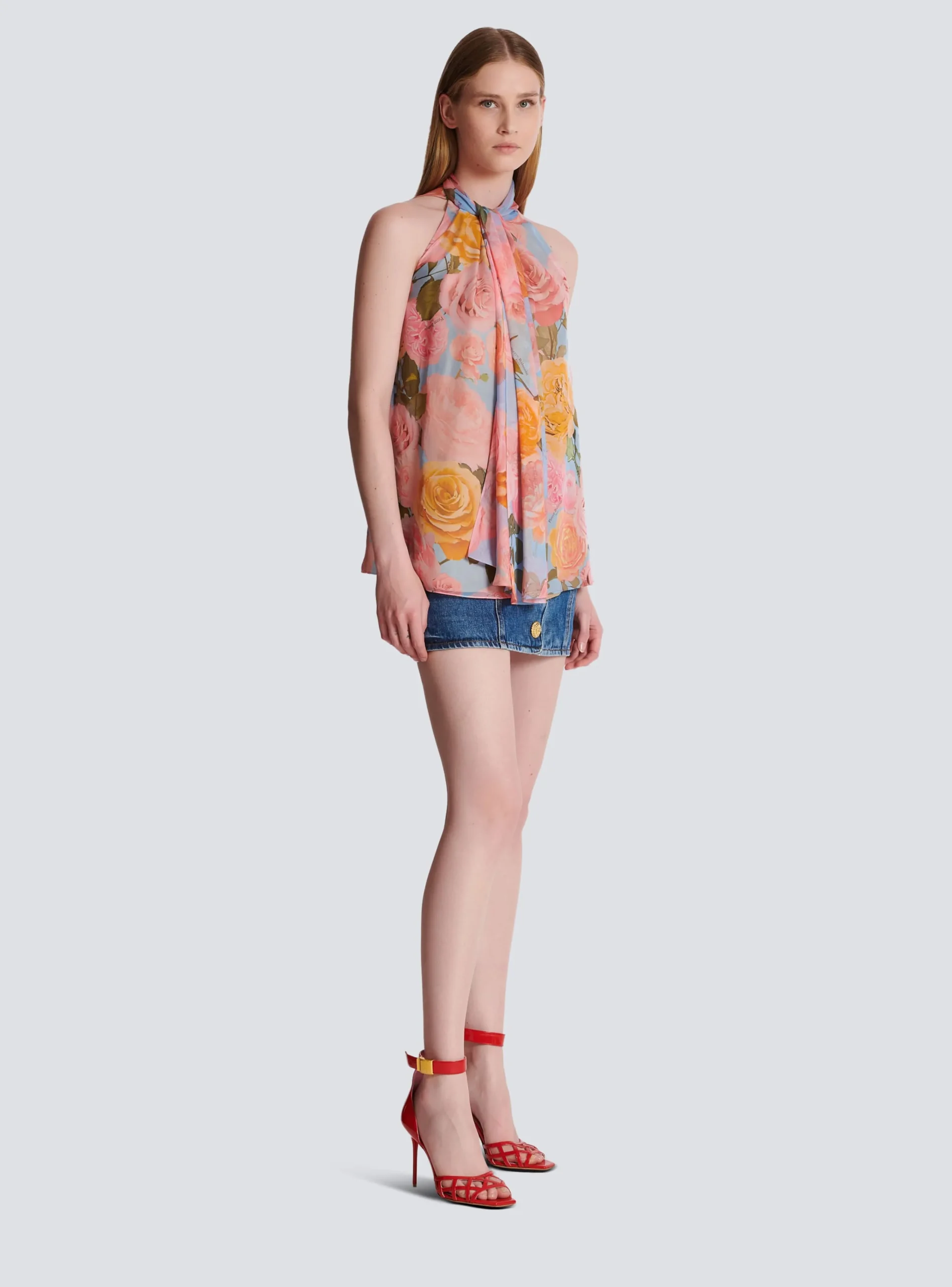 Women Balmain Pussy Bow Top With Pastel Roses Print