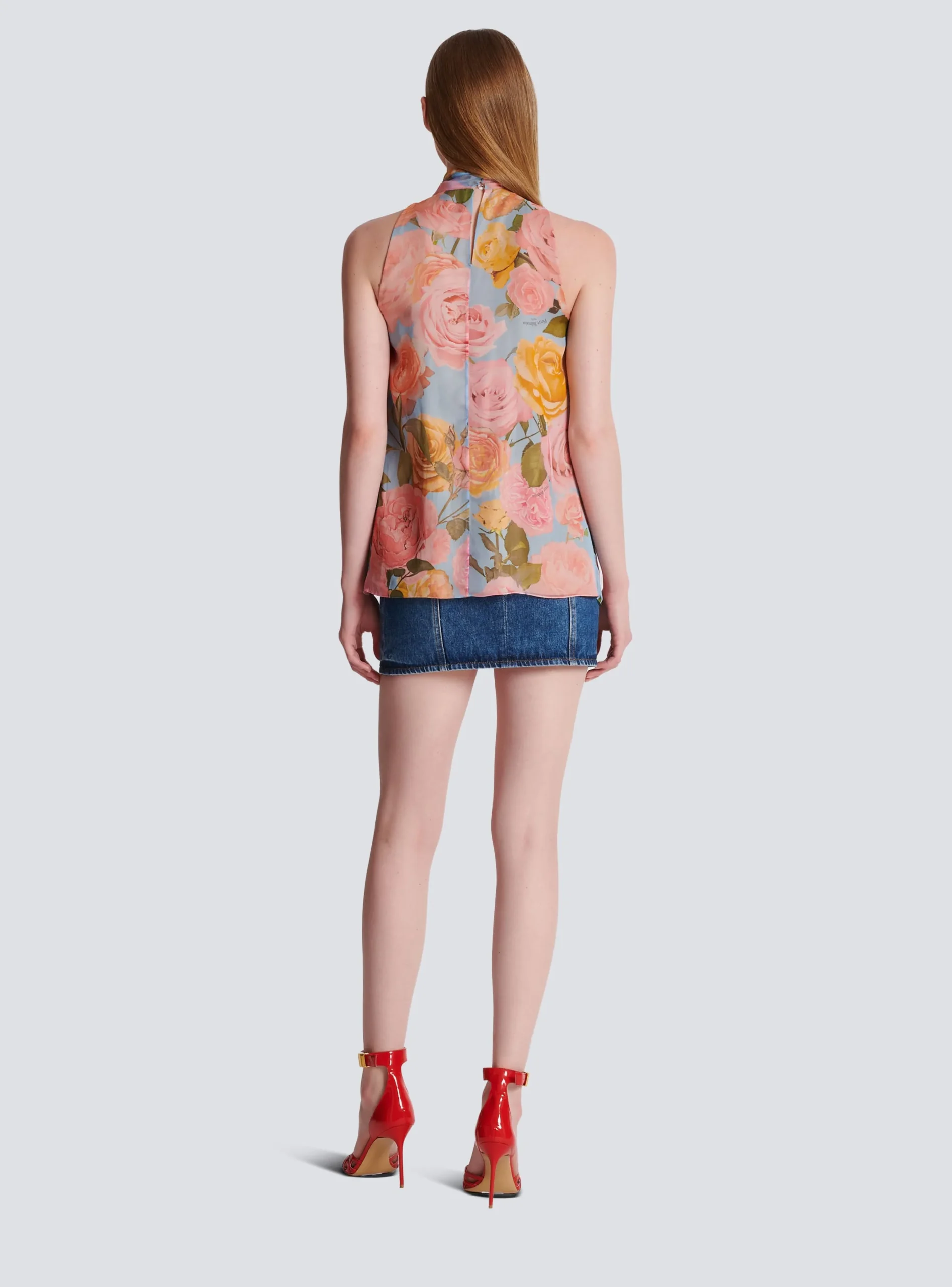 Women Balmain Pussy Bow Top With Pastel Roses Print