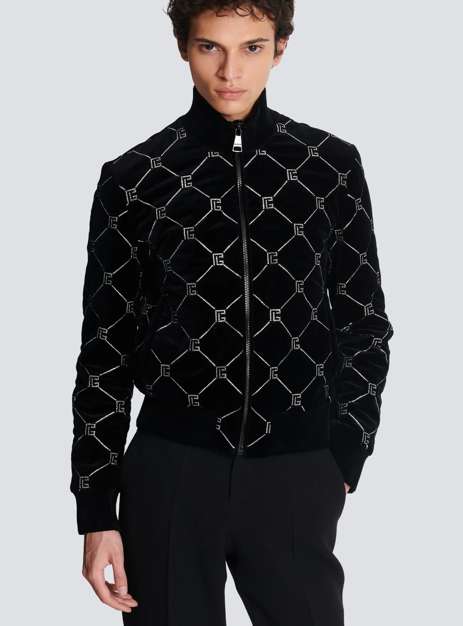 Balmain Quilted Rhinestone Bomber Jacket