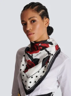 Women Balmain Roses And Polka Dots Printed Silk Scarf
