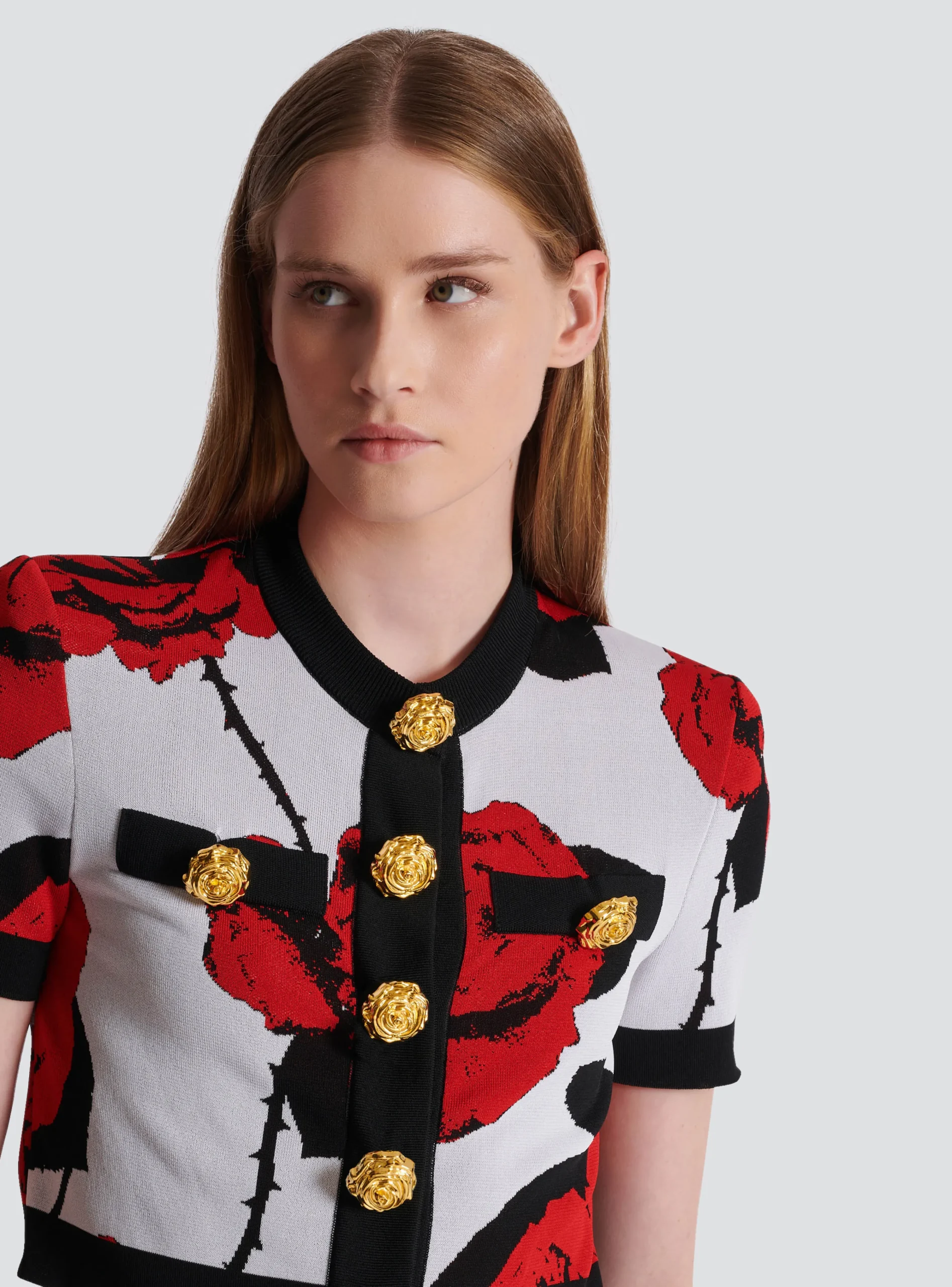 Women Balmain Roses Jacquard Knit Cardigan