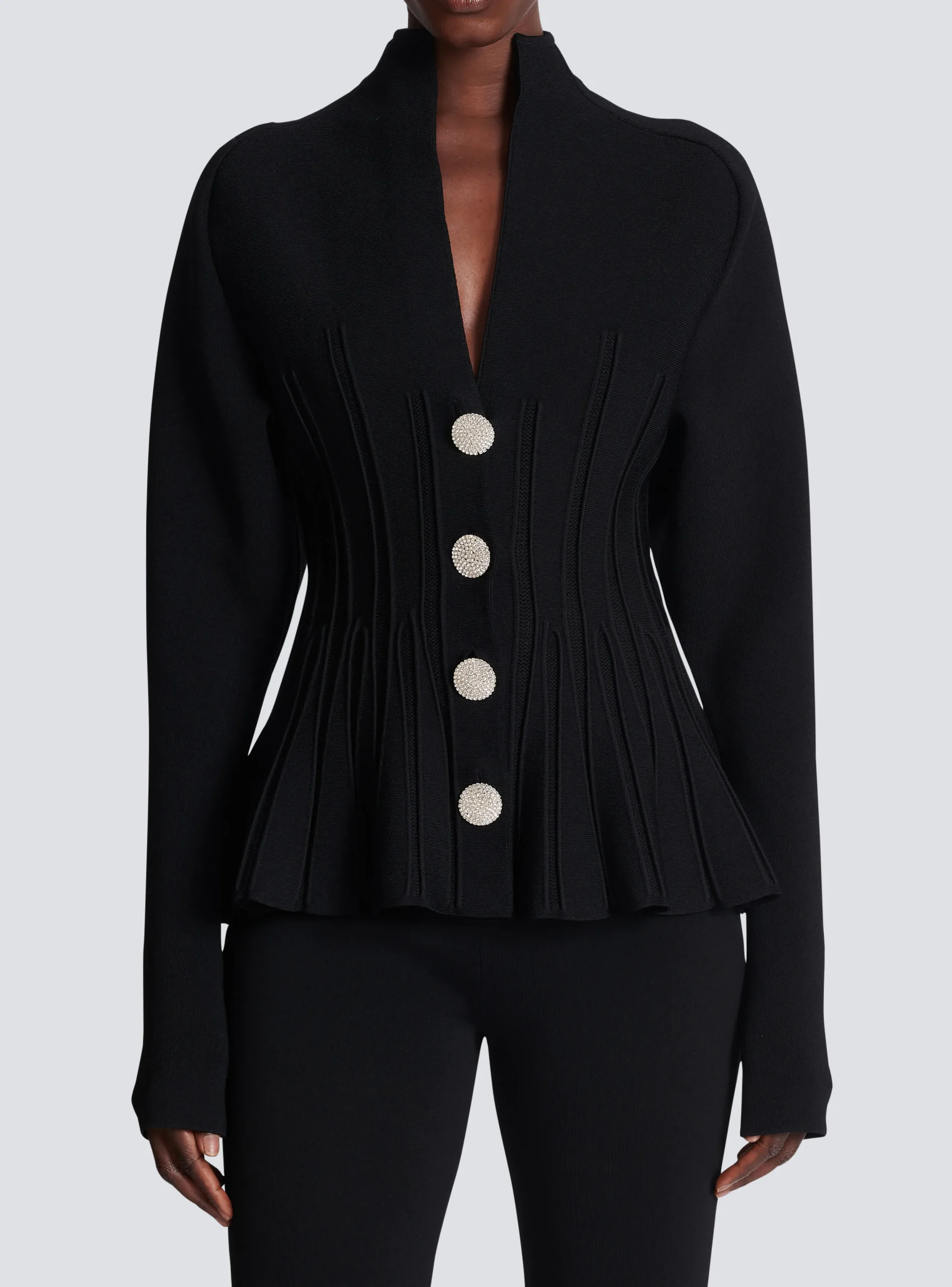 Women Balmain Ribbed Knit Peplum Cardigan