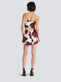 Women Balmain Satin Shorts With Roses Print