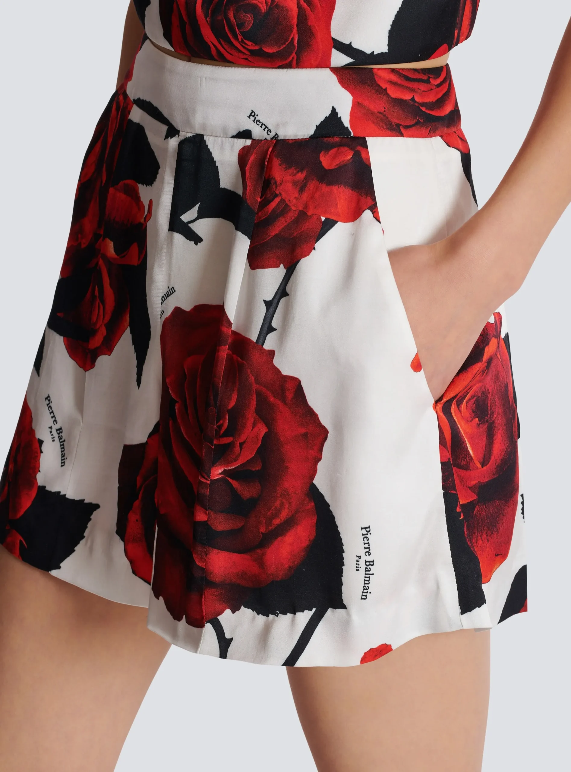 Women Balmain Satin Shorts With Roses Print
