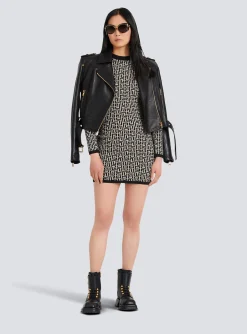 Women Balmain Short Bicolor Jacquard Dress With Monogram