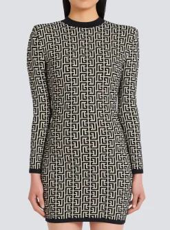 Women Balmain Short Bicolor Jacquard Dress With Monogram