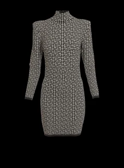 Women Balmain Short Bicolor Jacquard Knit Dress With Monogram