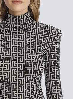Women Balmain Short Bicolor Jacquard Knit Dress With Monogram