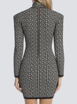 Women Balmain Short Bicolor Jacquard Knit Dress With Monogram