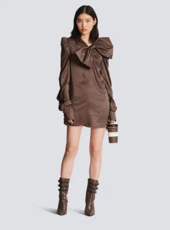 Women Balmain Short Dress With A Large Bow And Mini Monogram Print