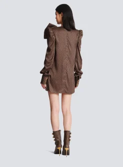Women Balmain Short Dress With A Large Bow And Mini Monogram Print