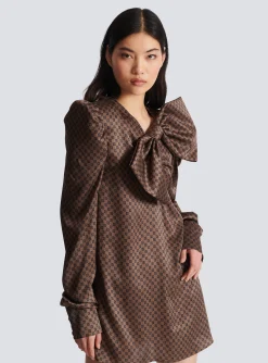 Women Balmain Short Dress With A Large Bow And Mini Monogram Print