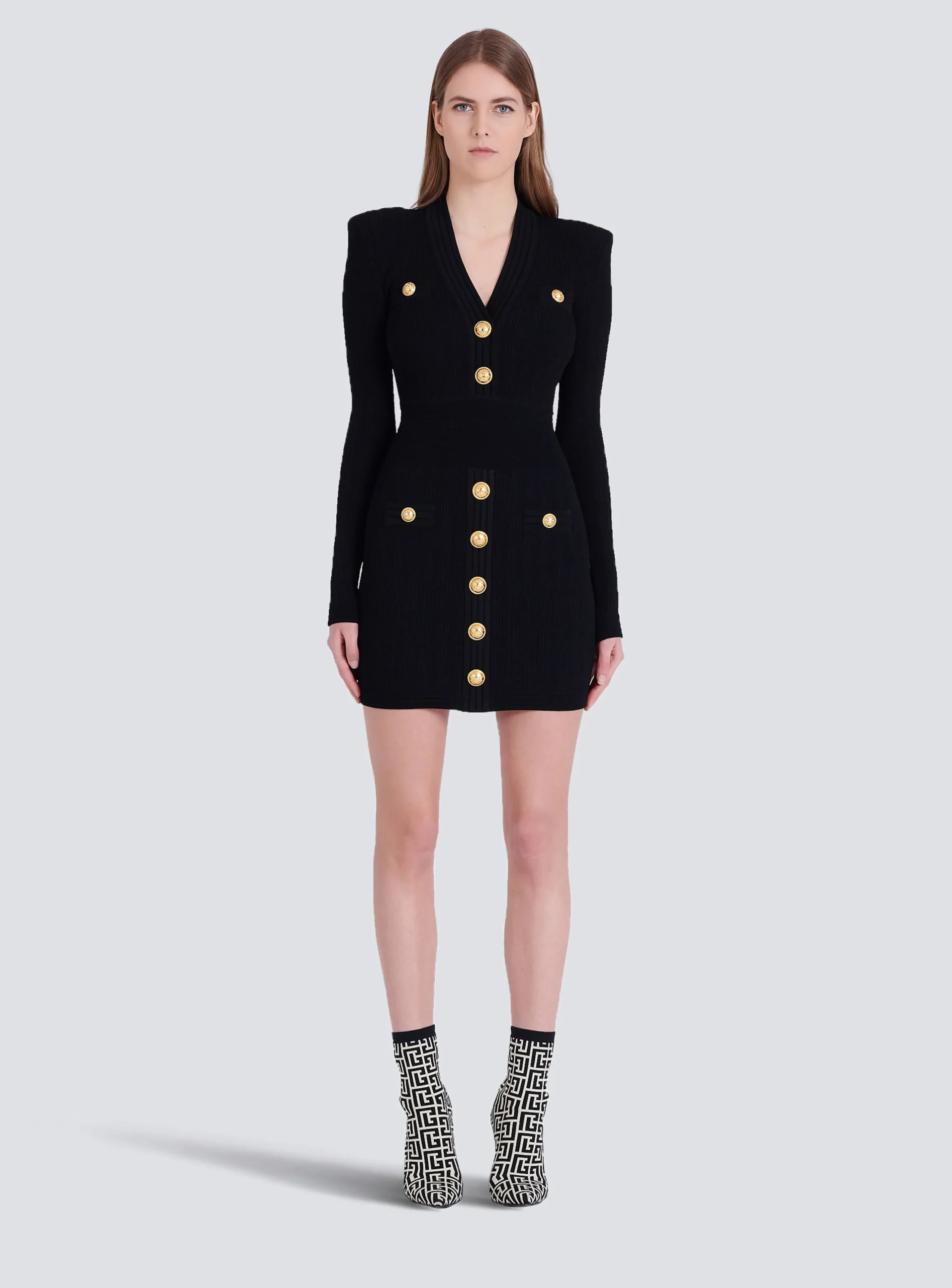 Women Balmain Short Eco-designed Knit Dress With Gold-tone Buttons