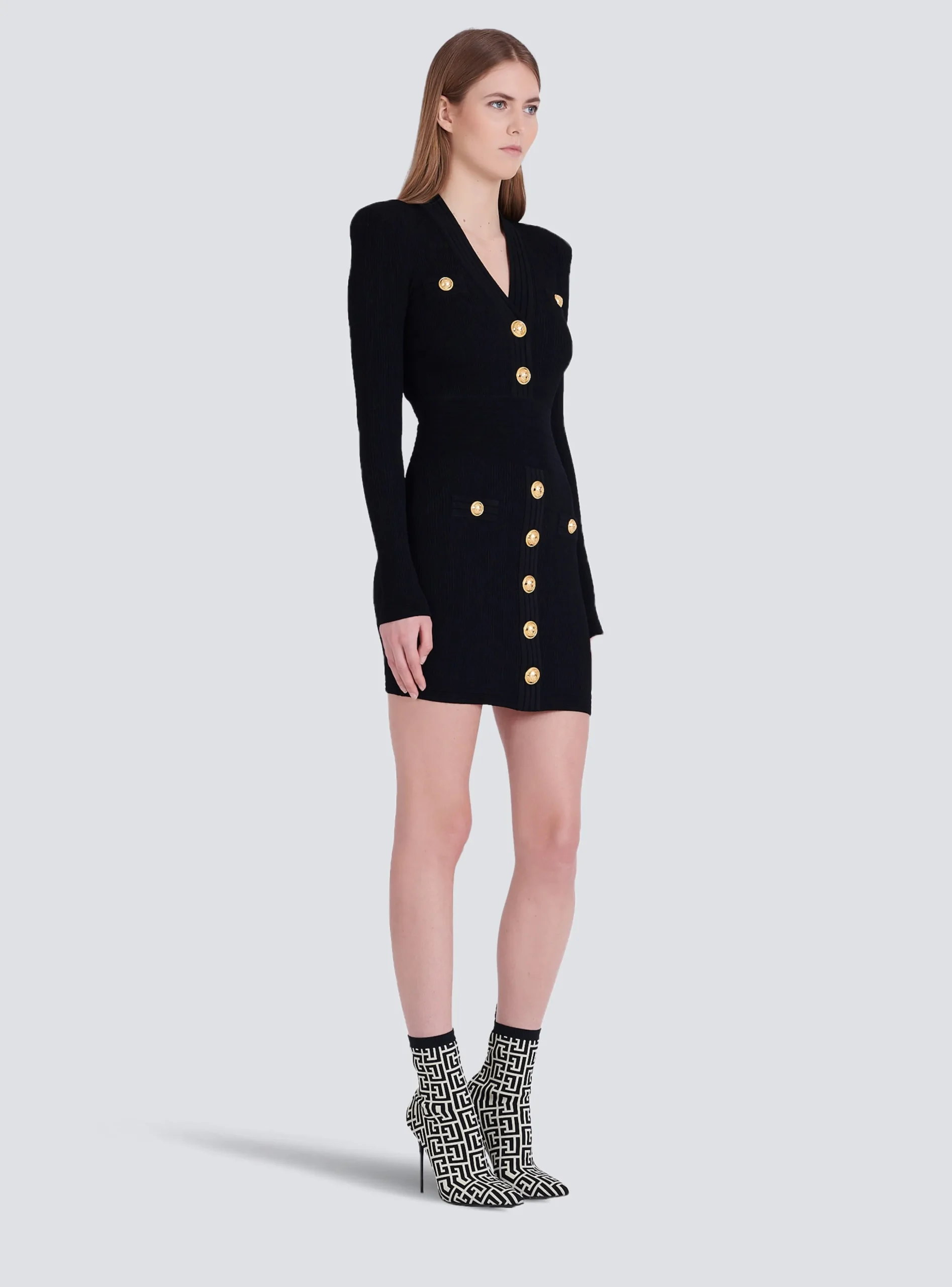 Women Balmain Short Eco-designed Knit Dress With Gold-tone Buttons